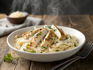 Fototapeta premium Delicious bowl of creamy chicken Alfredo fettuccine pasta, served hot with grilled chicken breast slices, garnished with fresh herbs on a rustic wooden table—perfect for illustrating Italian cuisine. 