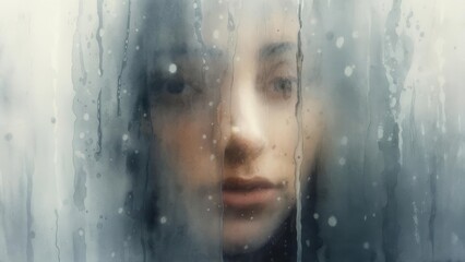 A Pensive Womans Face Veiled by Painterly RainStreaked Glass.