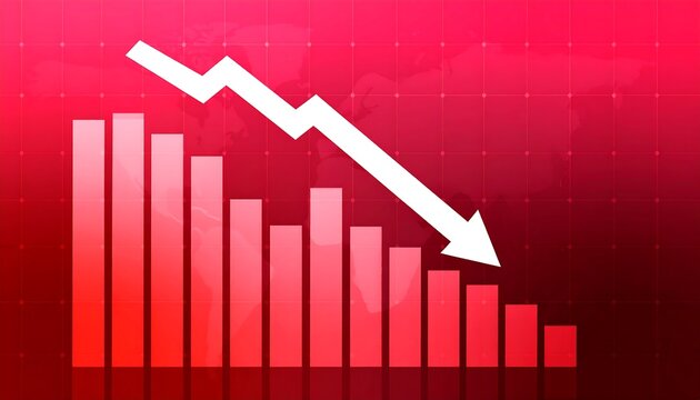 Red Falling Bars With a White Arrow on a World Map Background, Graph of a falling red and white stock market against a red background