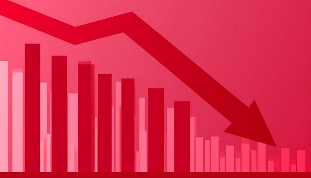 Red Chart with a downward trend, symbolizing recession and financial loss, indicating a significant market downturn, visualized by a falling arrow, and decreasing financial bars