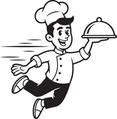 running chef mascot with serving tray smiling cook vector illustration for restaurant fast delivery and culinary service