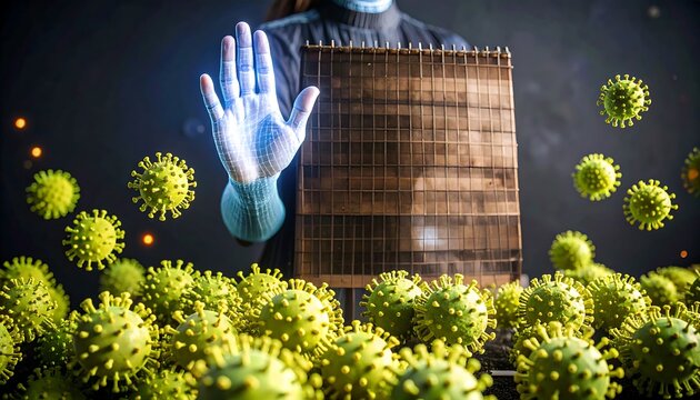 Digital hand stopping virus spread with a wooden shield, Covid-19 protection and prevention emphasized, Enhanced defense against germs with tech and barrier, focusing on safety