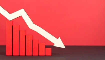 A Symbolic Descent: Red Blocks and a Declining Arrow Against a Scarlet Backdrop, Visualizing Decline and Loss with Red and White on Dark Surface