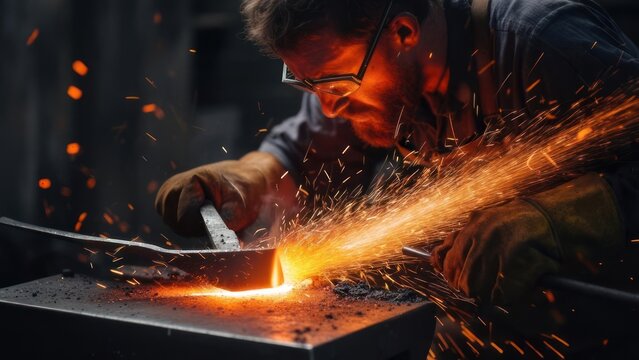 Artisan Blacksmiths Intense Gaze Amidst a Cascade of Forging Sparks. - Powered by Adobe