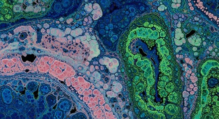 Vibrant abstract fluid art with swirling blue, green, and pink cellular patterns.