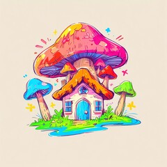 Whimsical Mushroom House Illustration