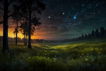 Fototapeta premium A night landscape with glowing Plant in a quiet meadow