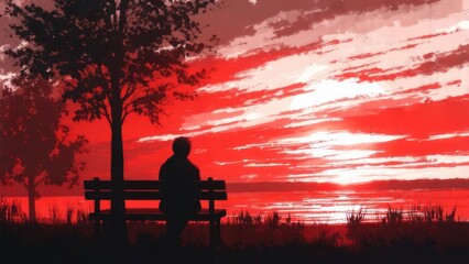 Crimson Solitude A Painterly Scene of a Figure Watching a Red Sunset.