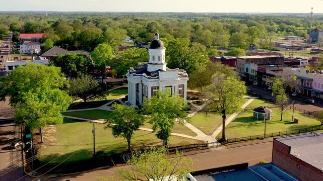 Aerial view of the historic Courthouse Square in Canton, MS, officially entered into the National Register of Historic Places