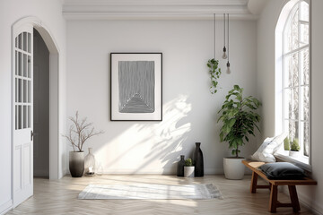 Minimalist monochrome wall decoration with decorative frames and flower vases