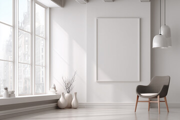 Minimalist monochrome wall decoration with decorative frames and flower vases