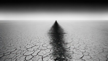 Stark Monochrome Path on Cracked Earth Leading to a Distant, Fading Horizon