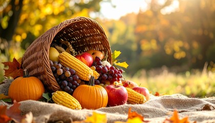 This image features a bountiful cornucopia basket, filled with autumn produce such as pumpkins, corn, red apples, and grapes, against a backdrop of autumn leaves thanksgiving day