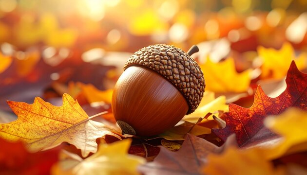 A single acorn falls among the colorful autumn leaves in shades of orange, yellow, and red.,acorns on autumn leaves