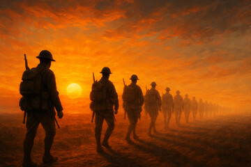 Marching soldiers fading into the horizon, with a glowing sunrise