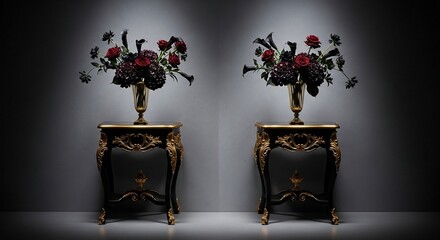 Elegant Black and Gold Console Table with Dramatic Red and Black Floral Arrangement