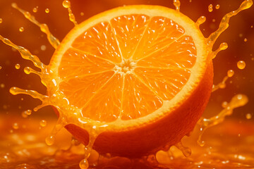 Freshly cut orange with juice splashing mid-air 