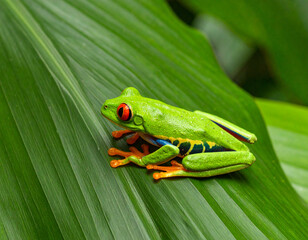 Naklejka premium Vibrant Red Eyed Tree Frog on Lush Green Leaf