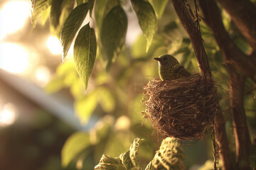 Bird's nest hanging among the green leaves
