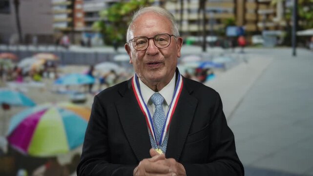 Senior man in a suit with a medal gestures towards a lively seaside scene featuring colorful umbrellas on the beach.