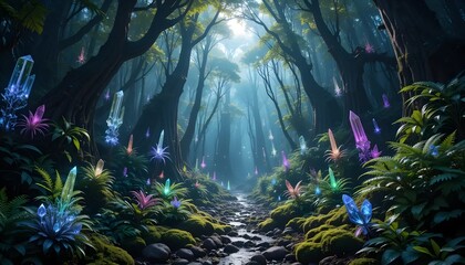 Naklejka premium An enchanting fantasy forest filled with glowing, colorful crystals and magical flora.