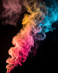 Vibrant multicolored smoke swirling against a black background, featuring stunning gradients of pink, yellow, and blue—ideal for abstract art, creative backgrounds, and design inspiration.