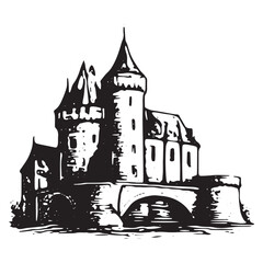 Obraz premium Castle with Square and Round Towers – Medieval Fortress Ink Drawing