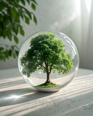 A miniature tree enclosed in a transparent sphere, symbolizing nature conservation, placed on a light surface with soft natural light filtering through.