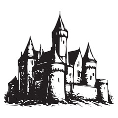 Obraz premium Gothic Style Castle with Tall Spire – Ink Drawing Medieval Fortress