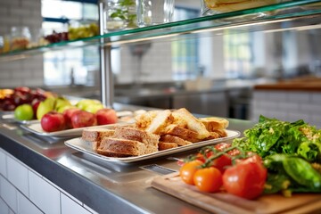 Self service counter displaying various healthy food options in a school canteen, promoting balanced nutrition for students