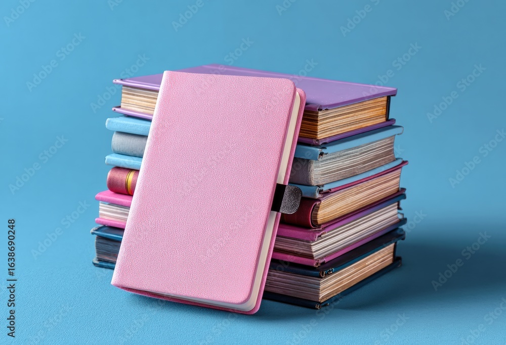 Poster pink notebook with a black clasp leans against a stack of colorful books on a vibrant blue backgroun