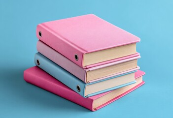 Four colorful books with pastel covers are neatly stacked, creating a visually appealing arrangement against a vibrant blue backdrop