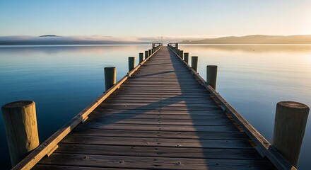 Fototapeta premium Wooden pier stretching into a calm, reflective lake under a clear sky during a beautiful sunrise