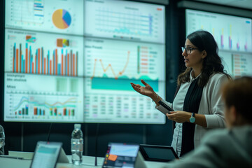 businesswoman presenting data on large digital screen in conference room