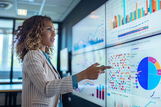 businesswoman presenting data on large digital screen in conference room