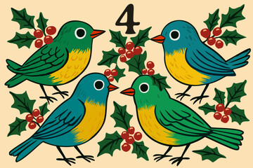 Four calling birds. The twelve days of Christmas. English Christmas carol. Fourth day. Vector isolated illustration