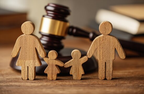 Wooden family figures holding hands near a gavel representing child custody, divorce, and family law issues - Powered by Adobe