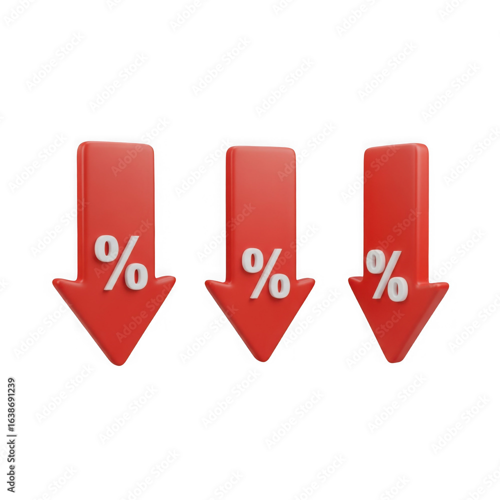 Poster three red downward pointing arrows with percentage symbols indicating a decrease in value or price i