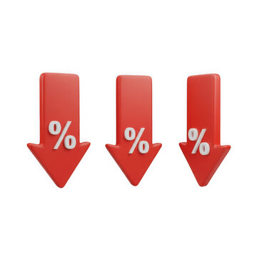 Three red downward pointing arrows with percentage symbols indicating a decrease in value or price isolated on transparent background