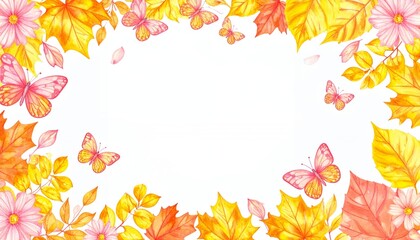 Obraz premium 秋の花とピンクの蝶のボーダーフレーム