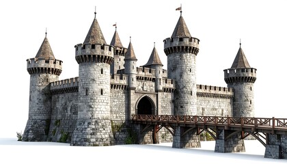 Medieval stone castle with wooden bridge
