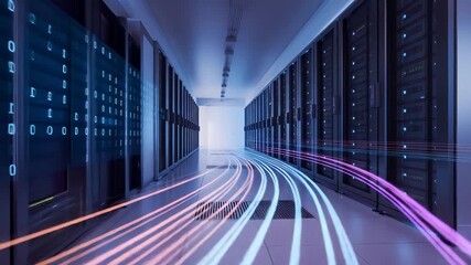 A futuristic data center hallway with glowing server racks and light trails, representing digital information flow - Powered by Adobe