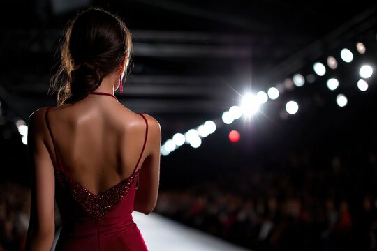 Fashion model walking gracefully down the runway in an elegant red evening dress, captivating the audience from behind under spotlight lights
