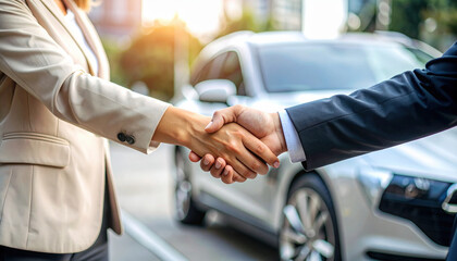 Business handshake between two individuals signifies successful agreement or partnership, with modern car in background, reflecting professionalism and trust