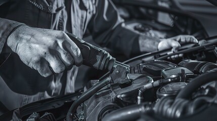 Engine repairman working on a car engine, using tools like sockets and ratchets to fix parts, checking spark plugs and hoses, wearing a mechanic’s uniform and gloves in an auto repair shop