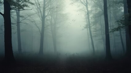 Fototapeta premium Mysterious Fog-Shrouded Forest with Silhouetted Trees and Distant Birds at Dawn