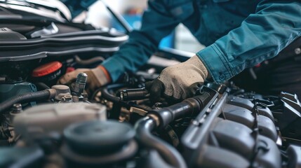 Engine repairman working on a car engine, using tools like sockets and ratchets to fix parts, checking spark plugs and hoses, wearing a mechanic’s uniform and gloves in an auto repair shop