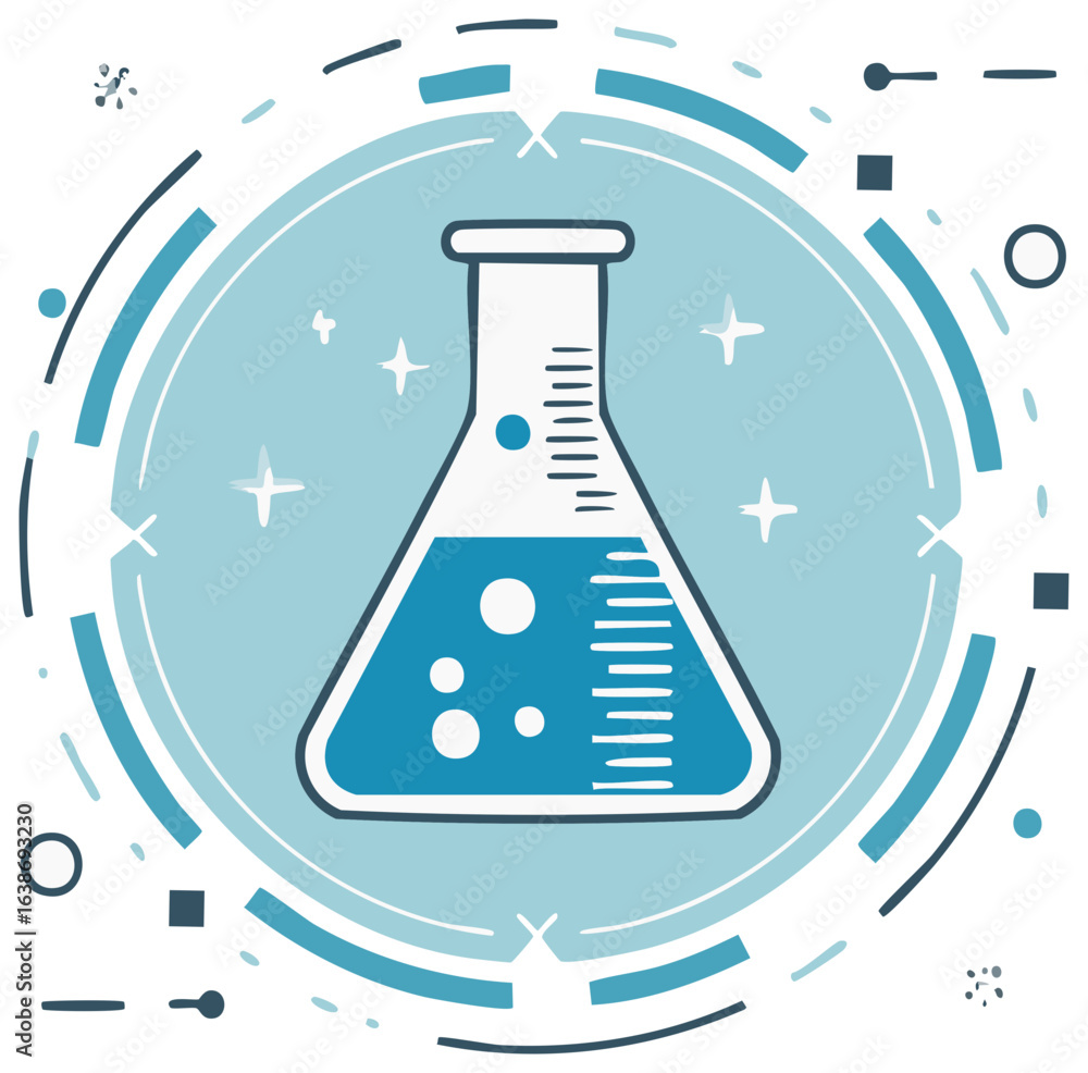 Poster laboratory conical flask with blue liquid and bubbles inside a scientific abstract circle