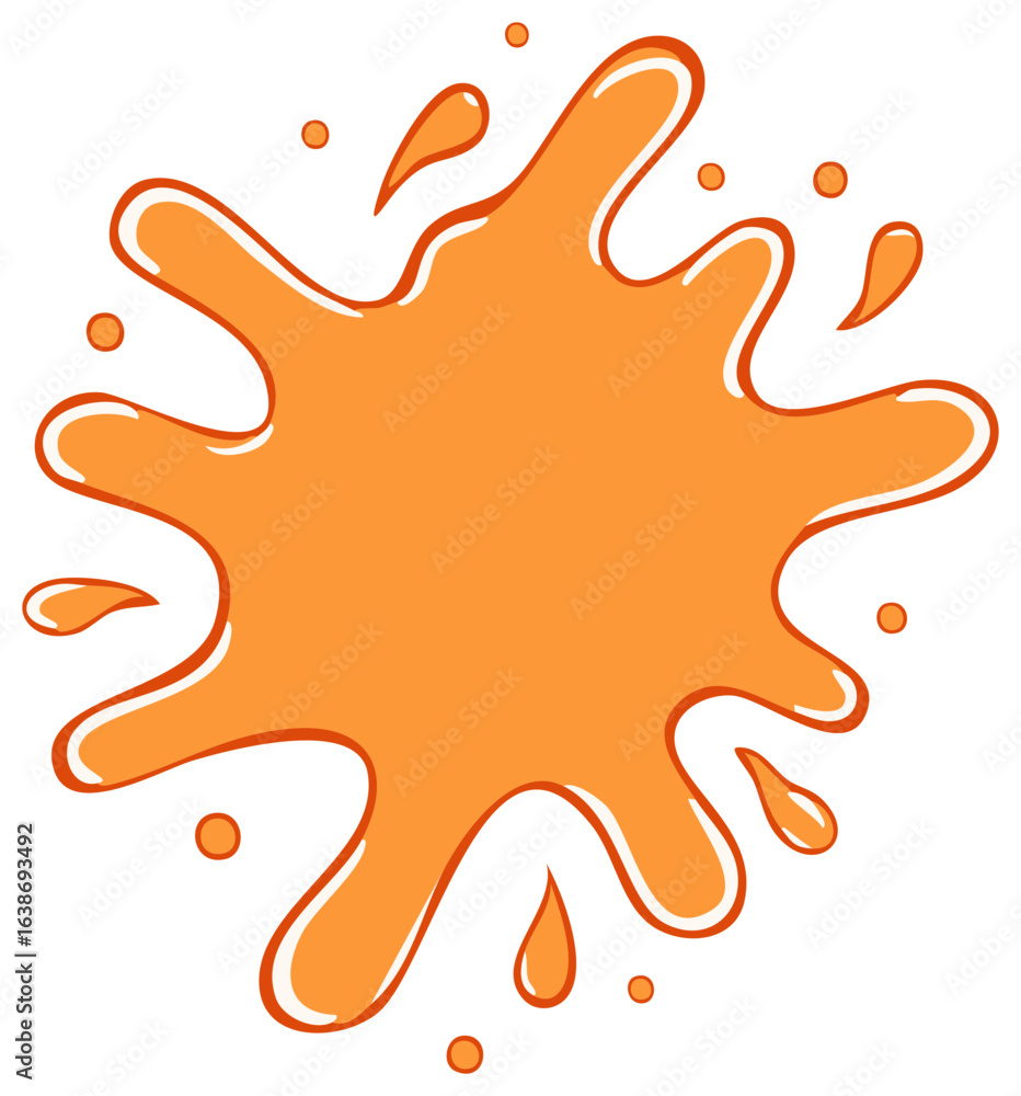 Poster dynamic orange liquid splash with splatters and drips. cartoon vector graphic element.