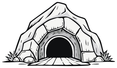 Cartoon Cave Entrance with Stone Blocks, Wooden Path, and Grass Illustration